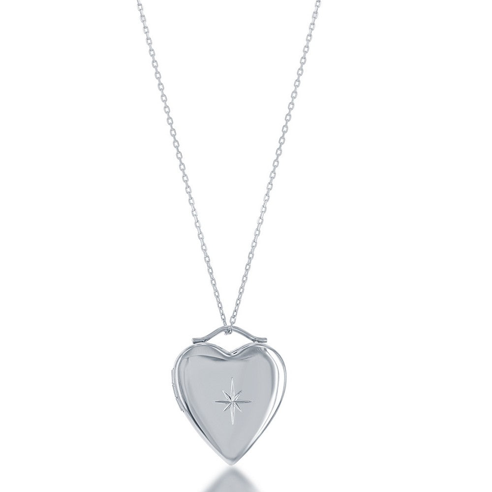 Sterling Silver Diamond-Cut Star Heart Locket With Chain