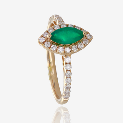 Marquise Emerald and Diamond Halo Ring in 14K Yellow Gold