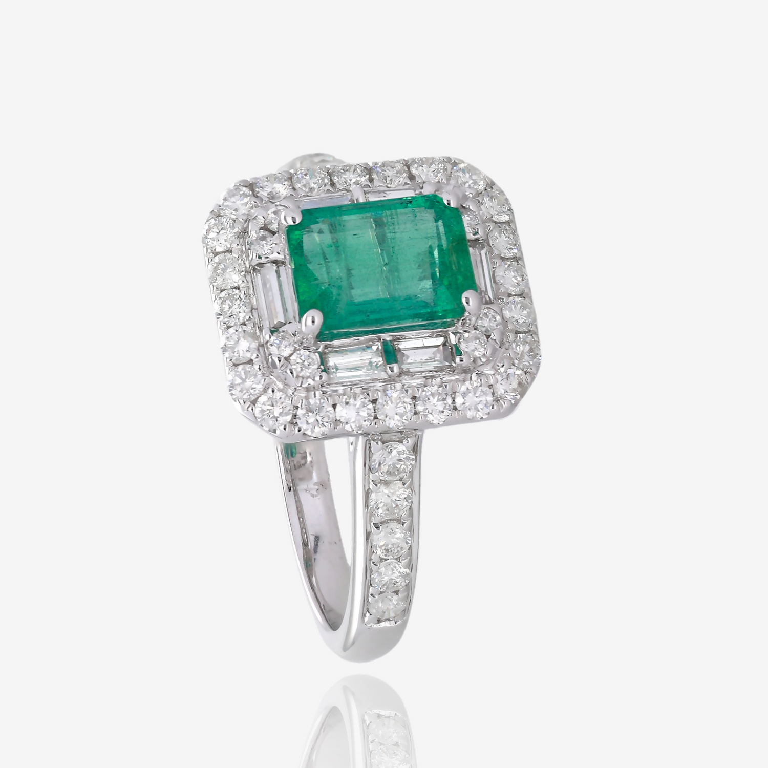 Emerald Cut Emerald and Double Halo Diamond Ring in 14K White Gold