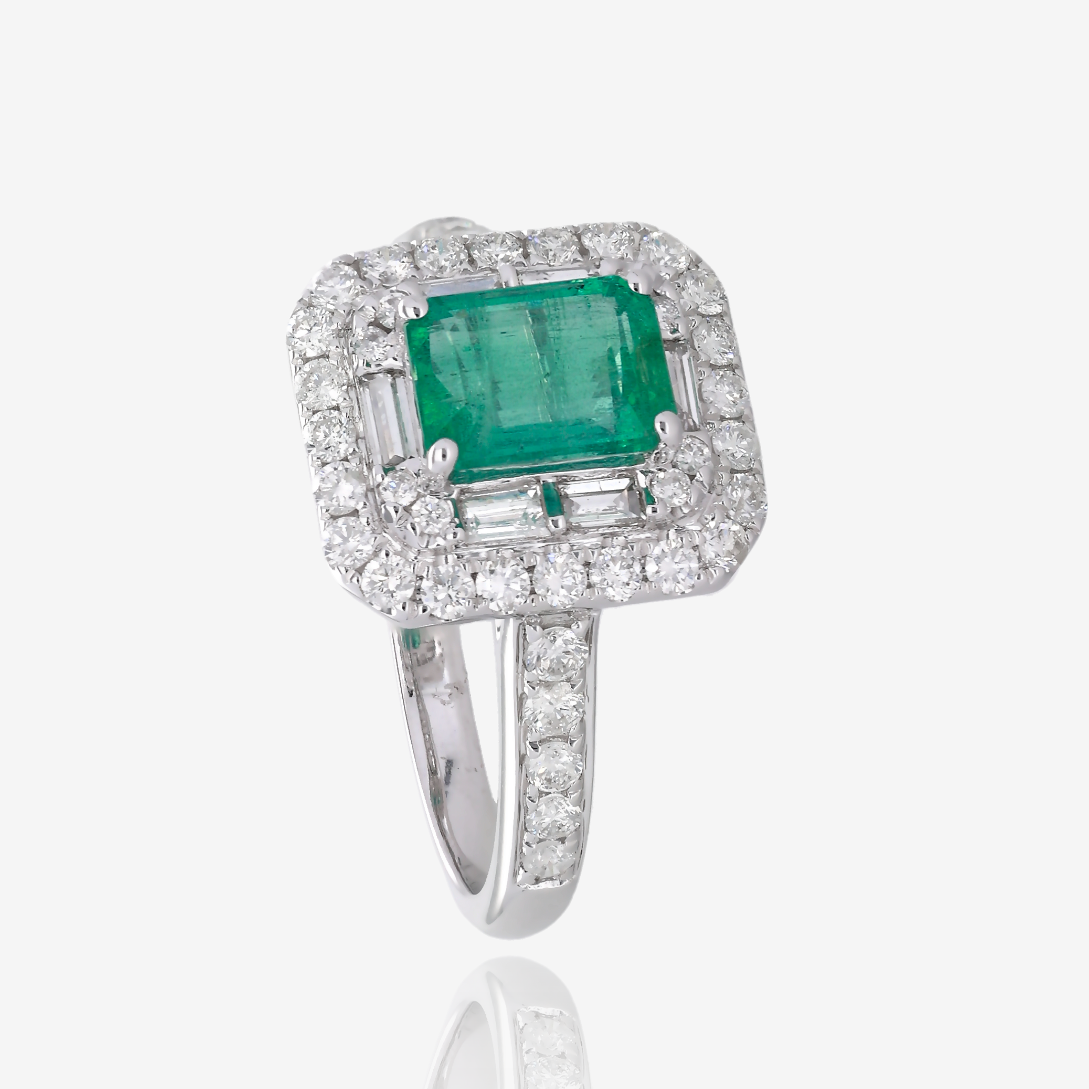 Emerald Cut Emerald and Double Halo Diamond Ring in 14K White Gold