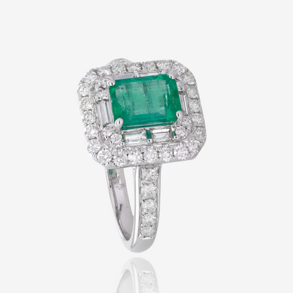 Emerald Cut Emerald and Double Halo Diamond Ring in 14K White Gold