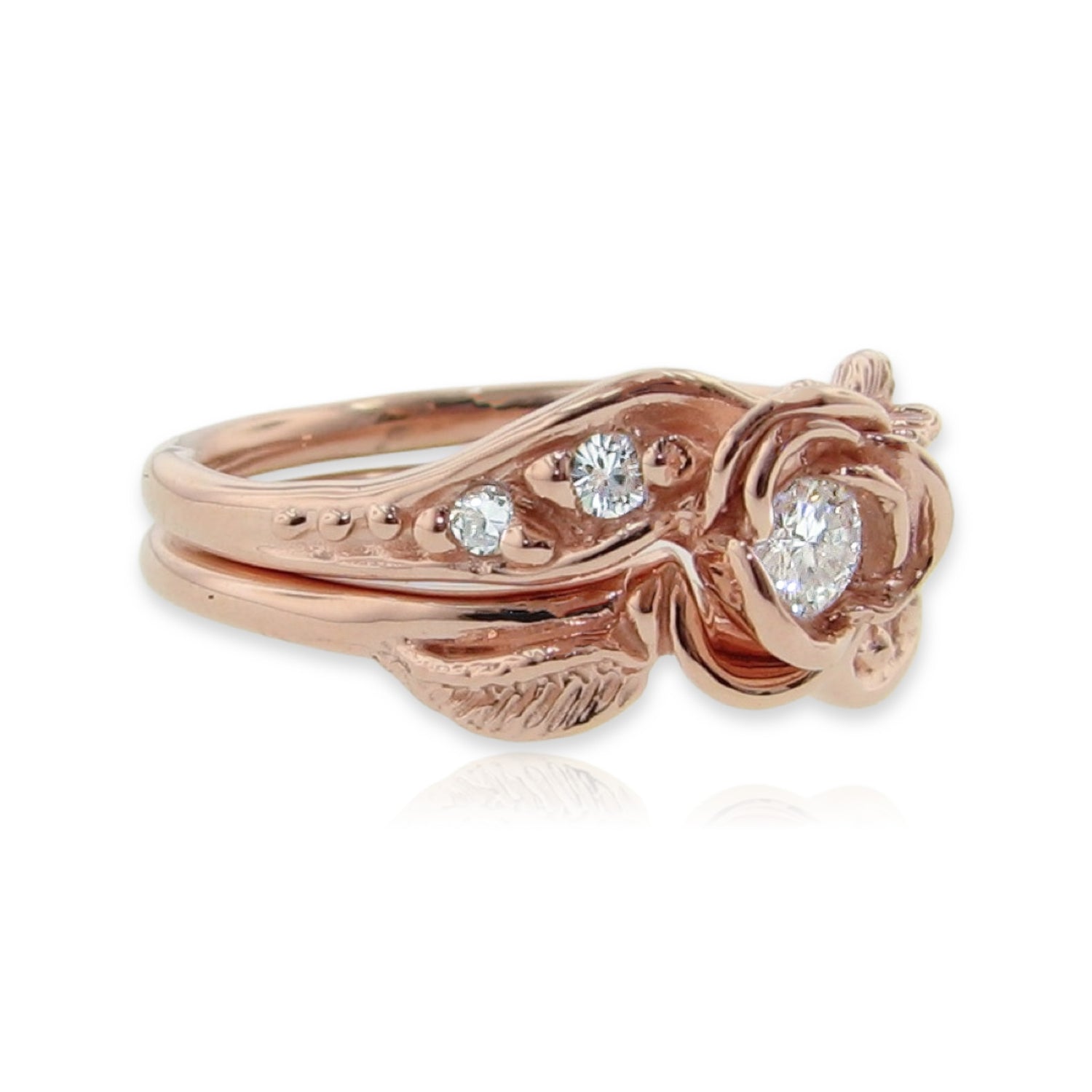 Prize Tea Rose Wedding Ring Set Lab Diamond in Rose Gold