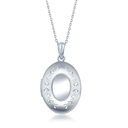 Sterling Silver Small Oval with Matte and Diamond Cut Border Locket With Chain