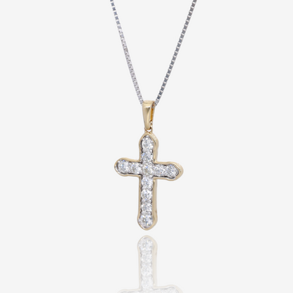 Faith Unshaken Two Tone Natural Diamond Cross Pendant in 14K Yellow and White Gold