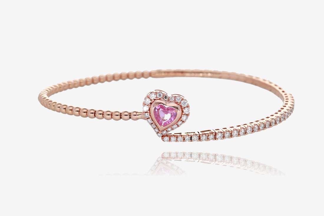 Pink Sapphire Heart and Diamond Flex Bangle in 14K Rose Gold