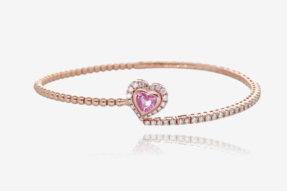 Pink Sapphire Heart and Diamond Flex Bangle in 14K Rose Gold