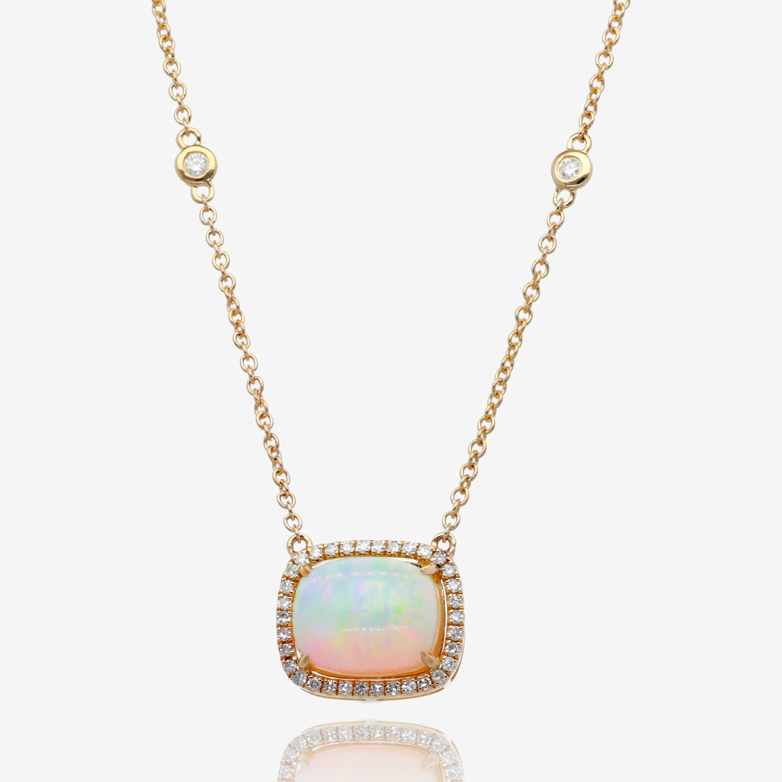 Opal Cushion Halo Pendant in 14K Yellow Gold