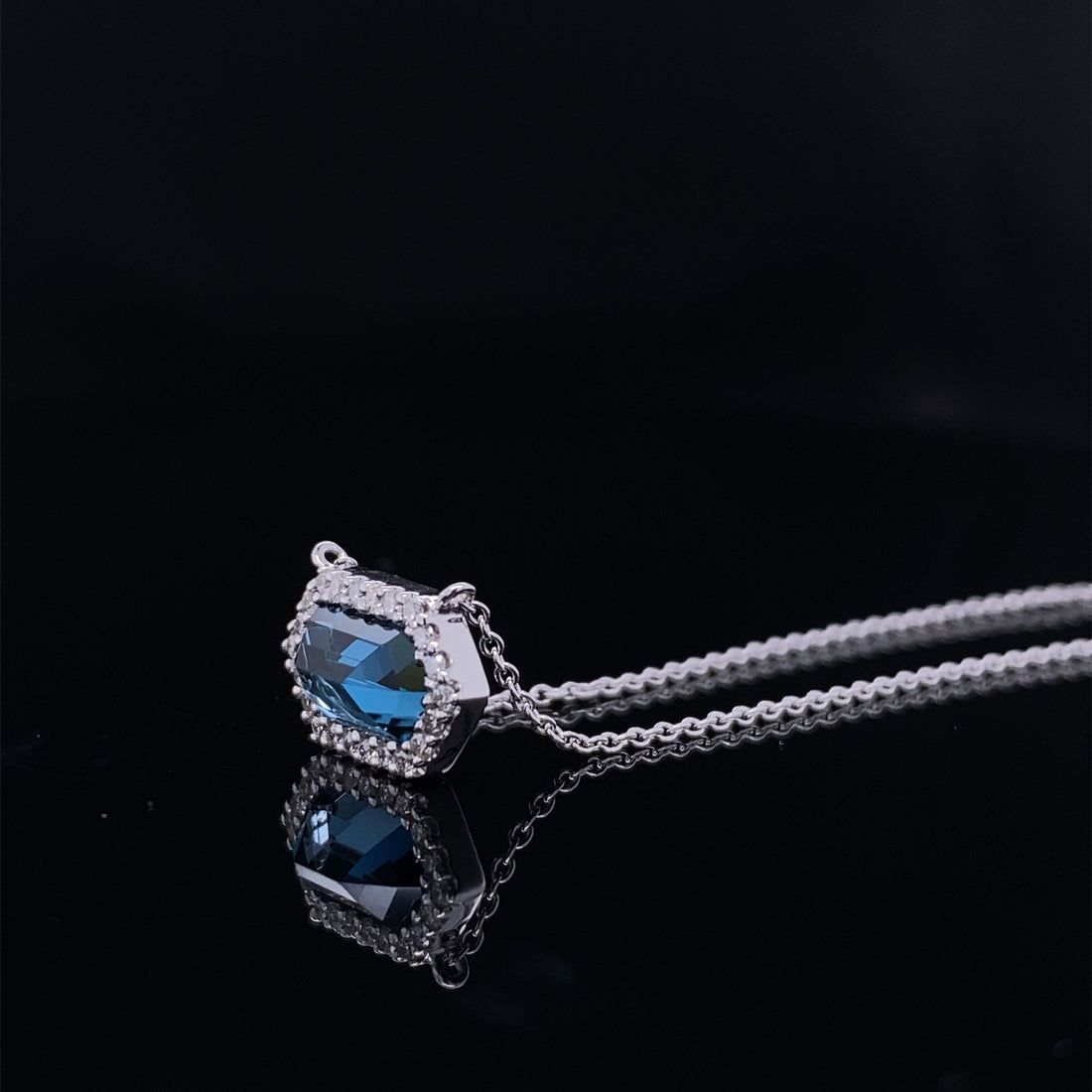 Hexagon London Blue Topaz Diamond Halo Necklace