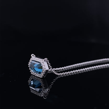 Hexagon London Blue Topaz Diamond Halo Necklace