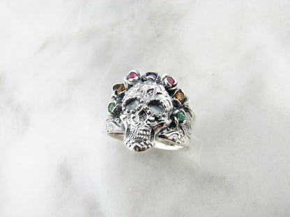 Silver Multi Gemstone Ring, Sugar Skull Calavera Crown