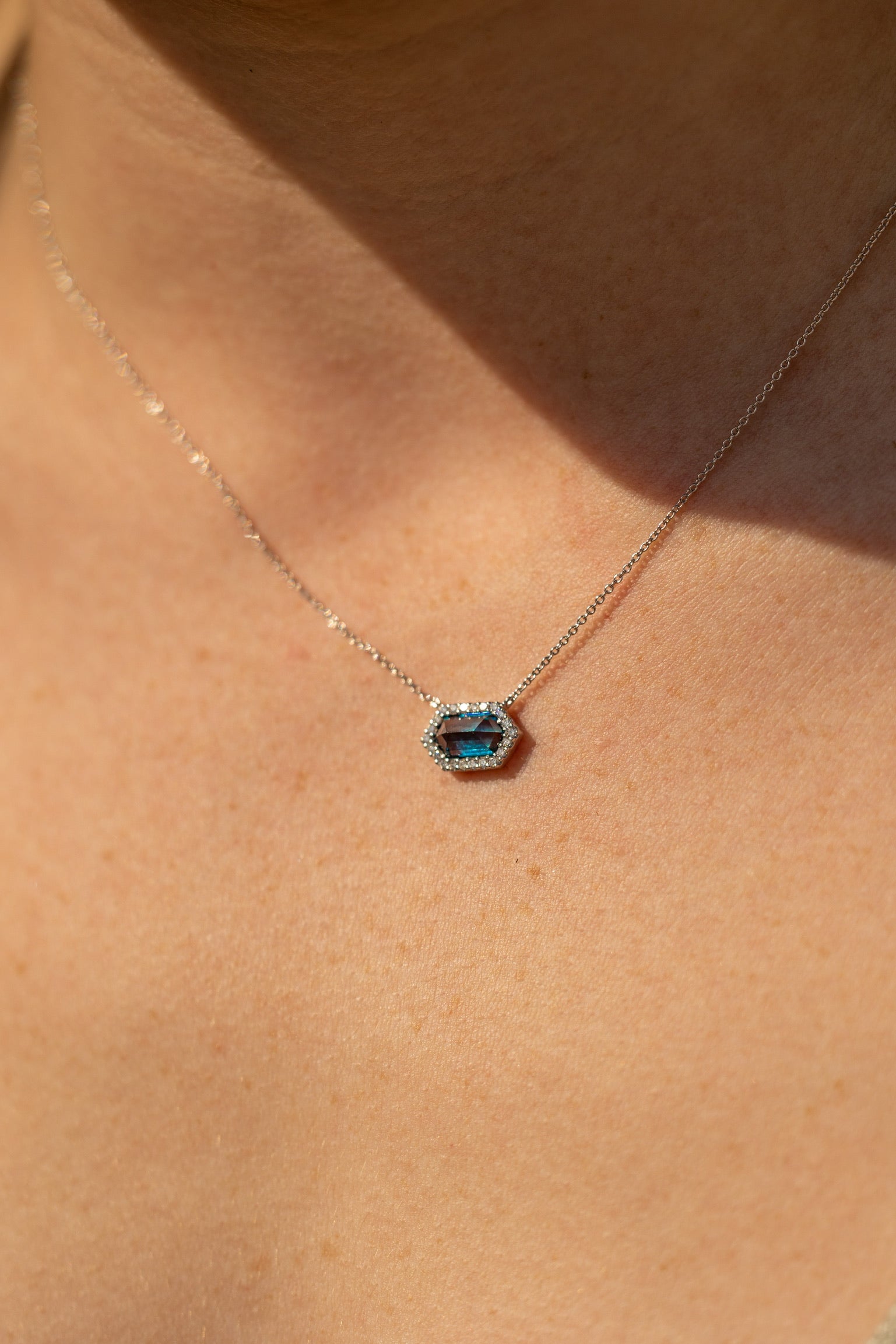 Hexagon London Blue Topaz Diamond Halo Necklace