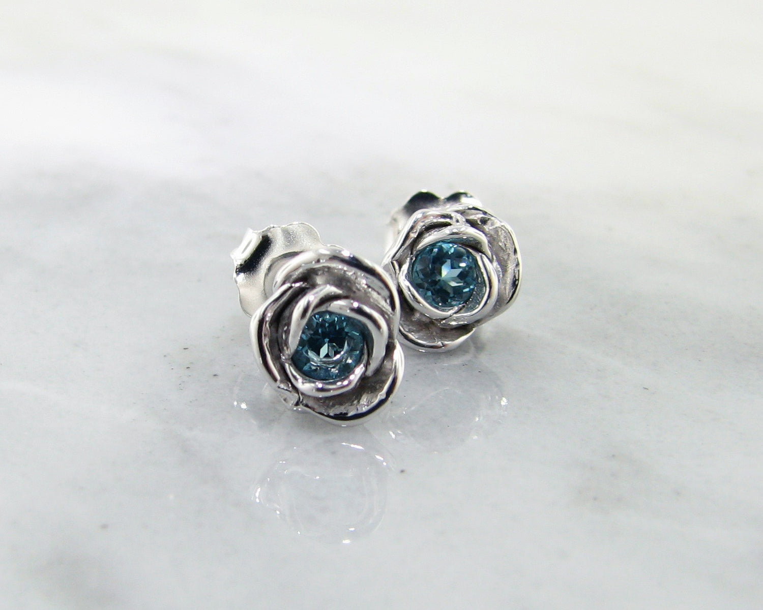 Silver Petite Rosebud Earring Studs Swiss Blue Topaz