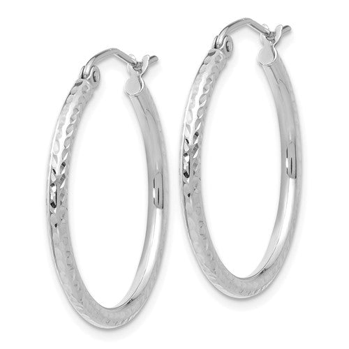 14k White Gold Diamond-cut 2mm Round Tube Hoop Earrings