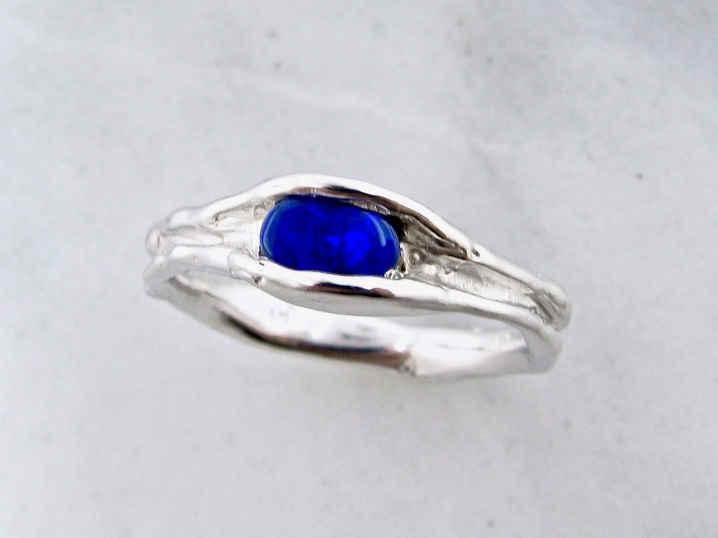 Opal Silver Ring, Deep Blue Water Droplet Melted Horizontal