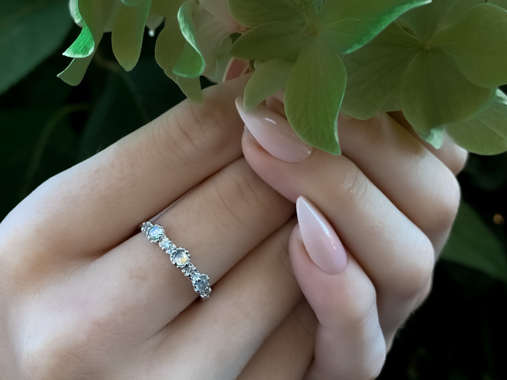 Aquamarine Droplets and Diamond Silver Treasure Band