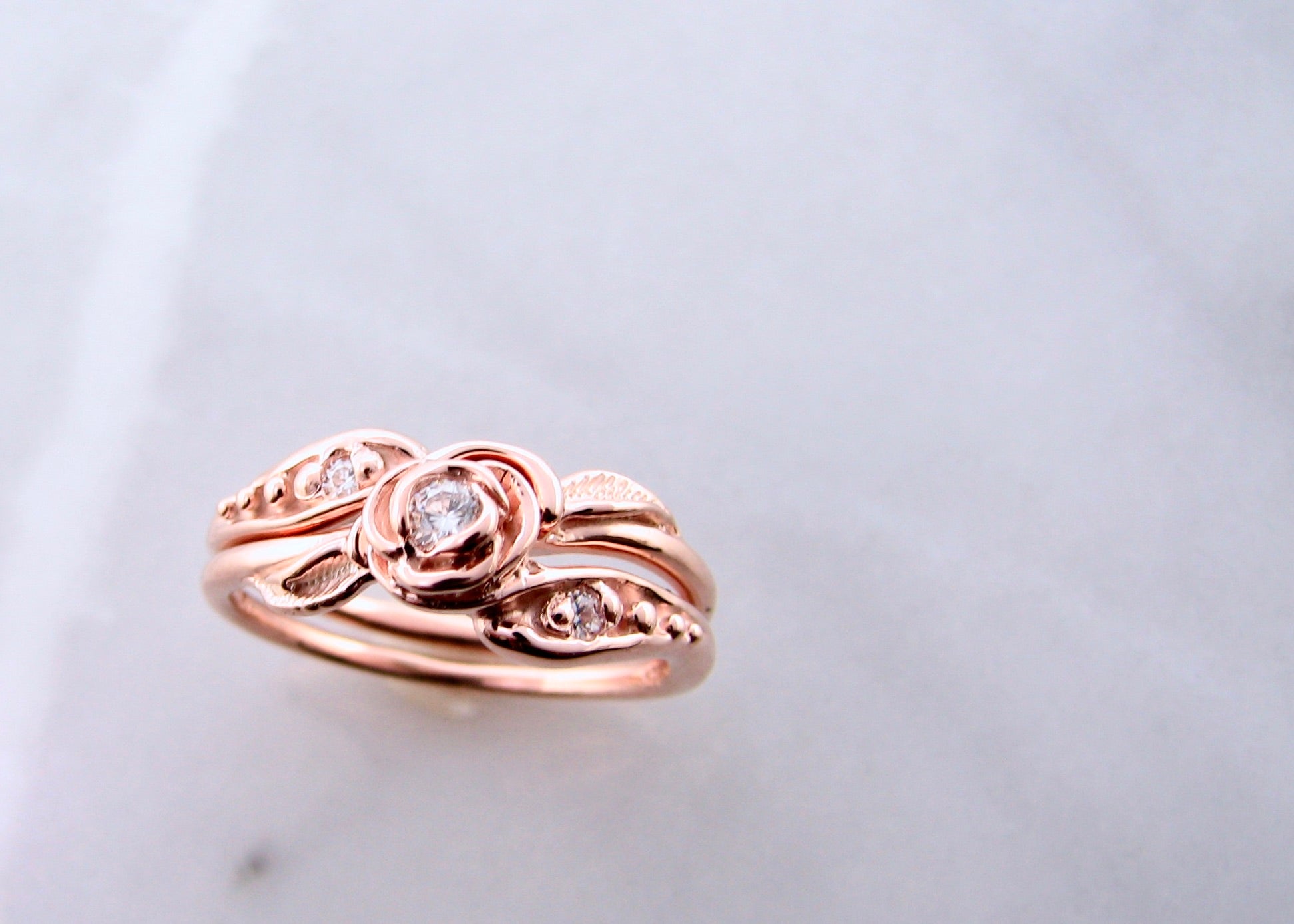 Moissanite Rose Gold Wedding Set, Tea Rose