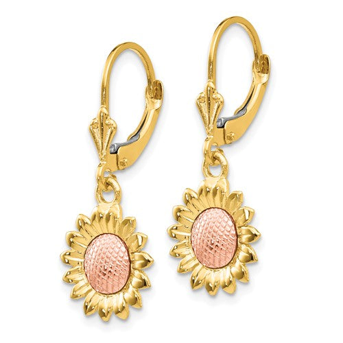 14k Two-tone Polished Sunflower Dangle Leverback Earrings