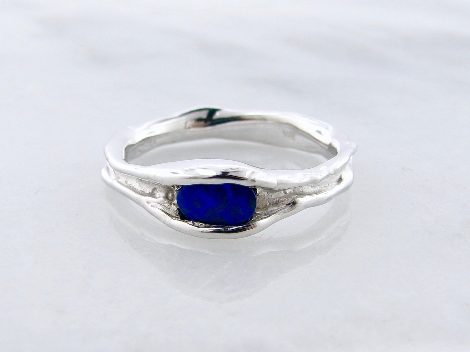 Opal Silver Ring, Deep Blue Water Droplet Melted Horizontal