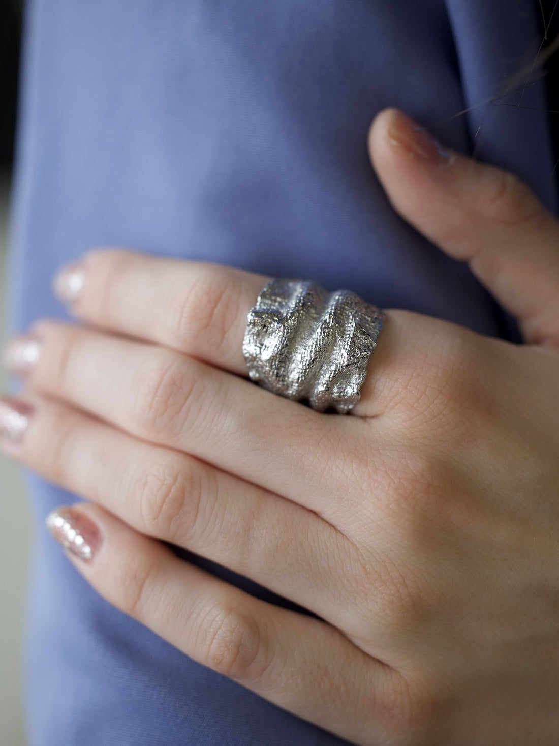 Crumpled Linen Texture Wide Sterling Silver Band