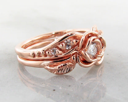 Diamond Rose Gold Wedding Ring Set, Prize Tea Rose