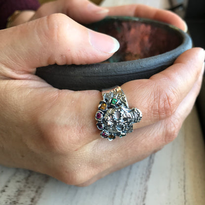 Silver Multi Gemstone Ring, Sugar Skull Calavera Crown