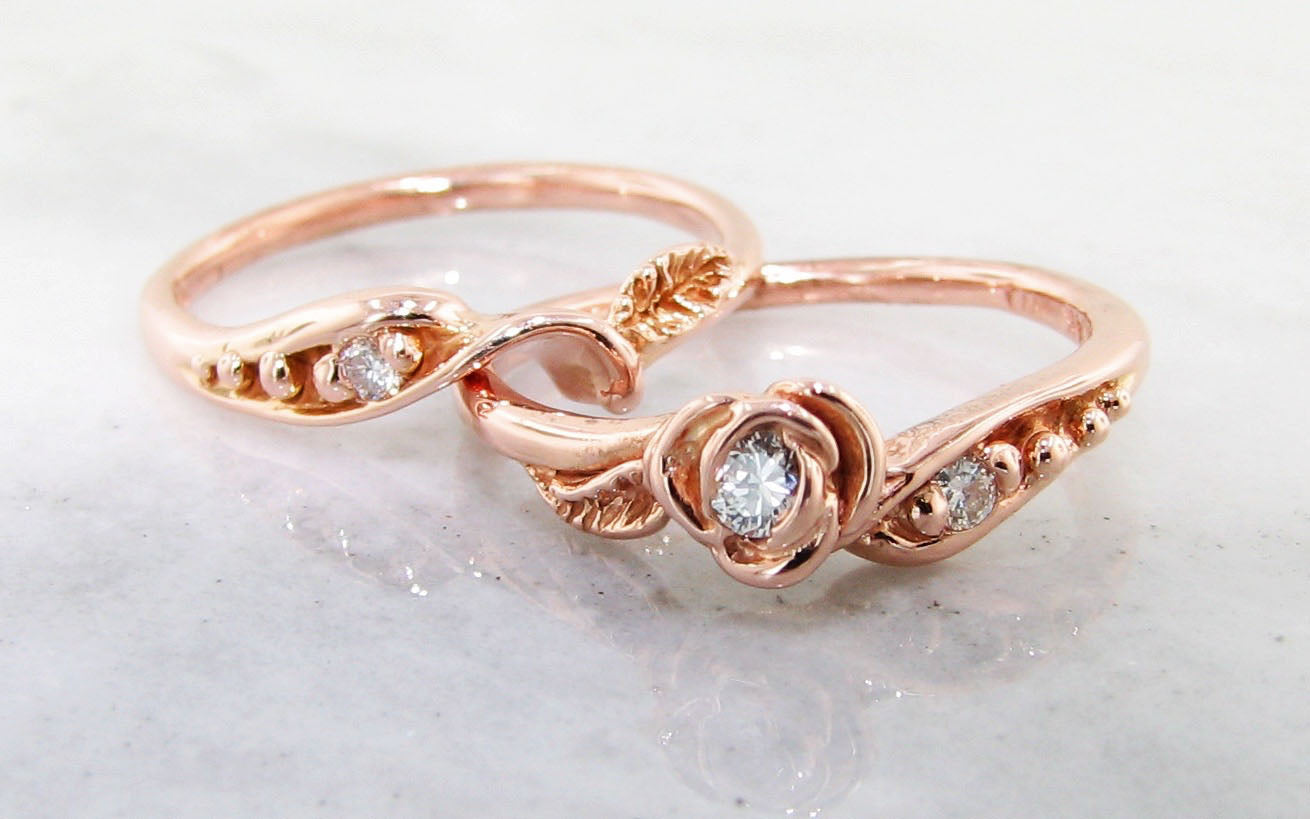 Rose Gold Moissanite Tea Rose Wedding Set