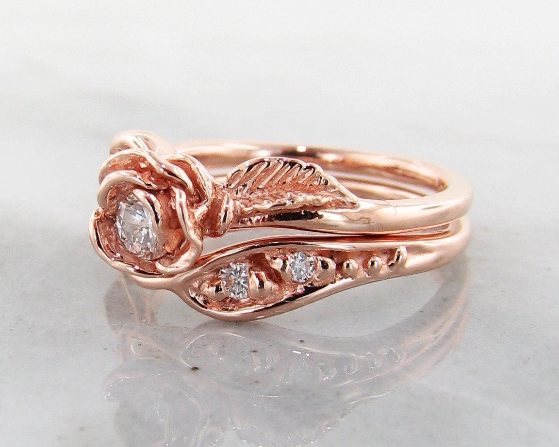 Diamond Rose Gold Wedding Ring Set, Prize Tea Rose