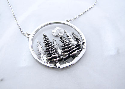 Silver Split Chain Necklace, Pine Moon Landscape Antique Finish