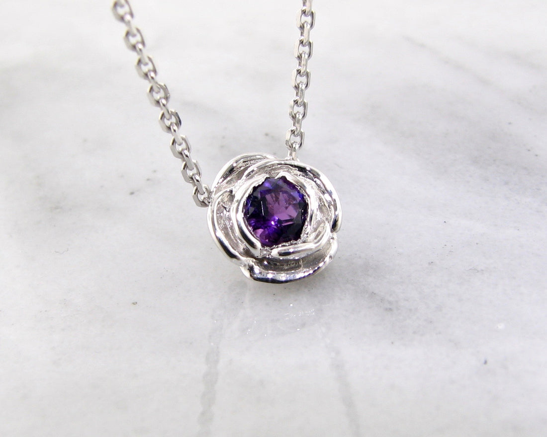 Silver Amethyst February Birthstone Necklace, Rose Slider