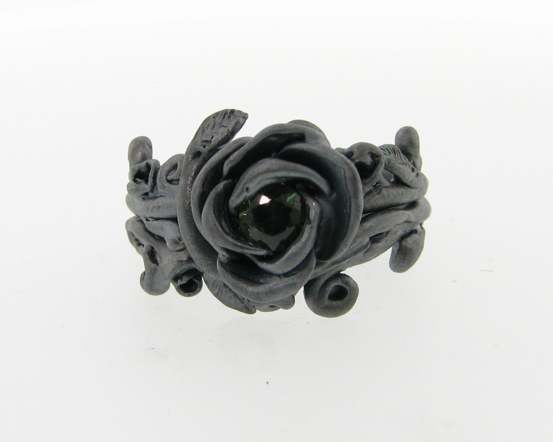 Rose Garland Wedding Set, Blackened Silver and Deep Green Tourmaline