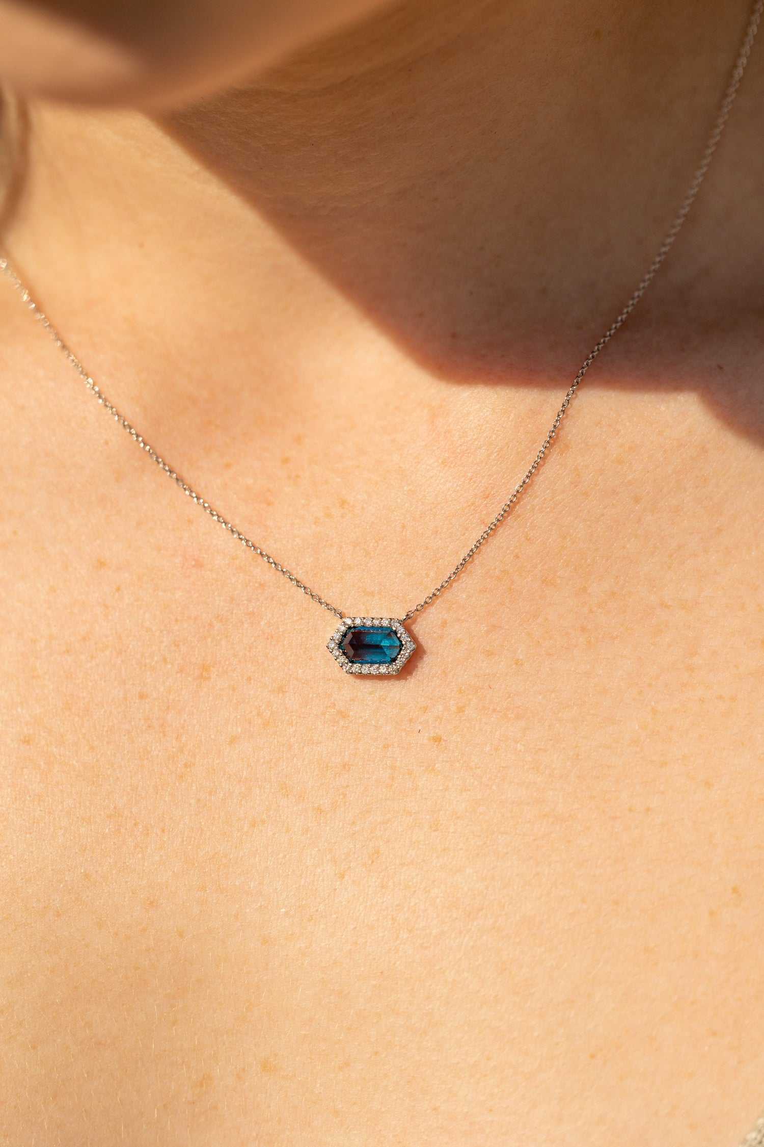 Hexagon London Blue Topaz Diamond Halo Necklace