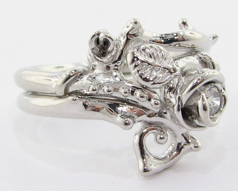 Silver Diamond Wedding Ring Set, Thorned Rose