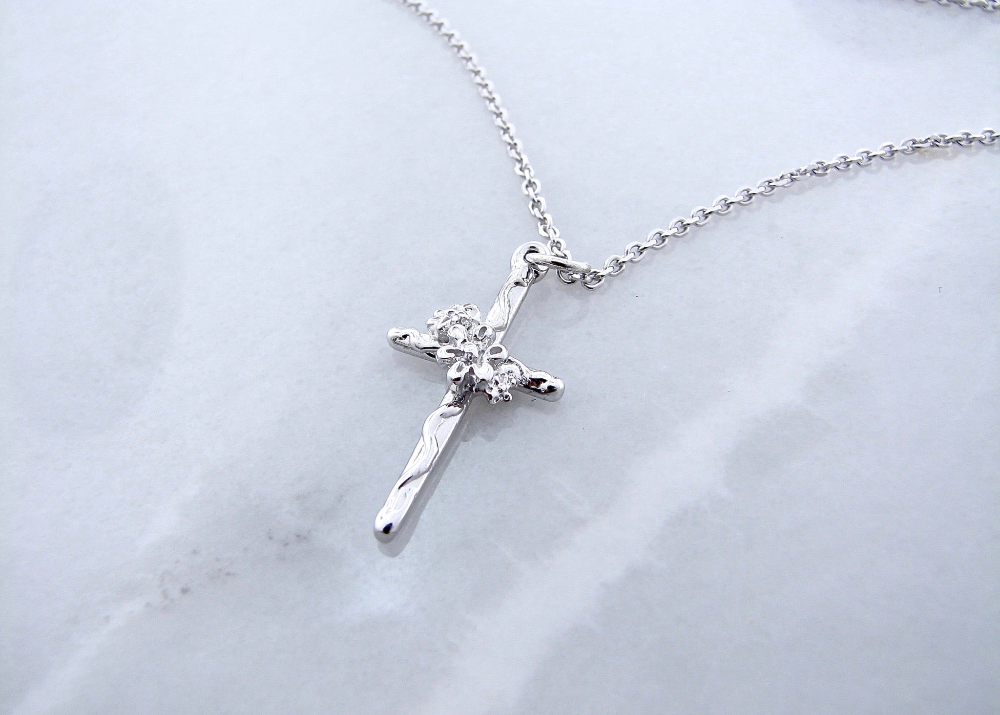 White Gold Cross Necklace, Daisy Vine