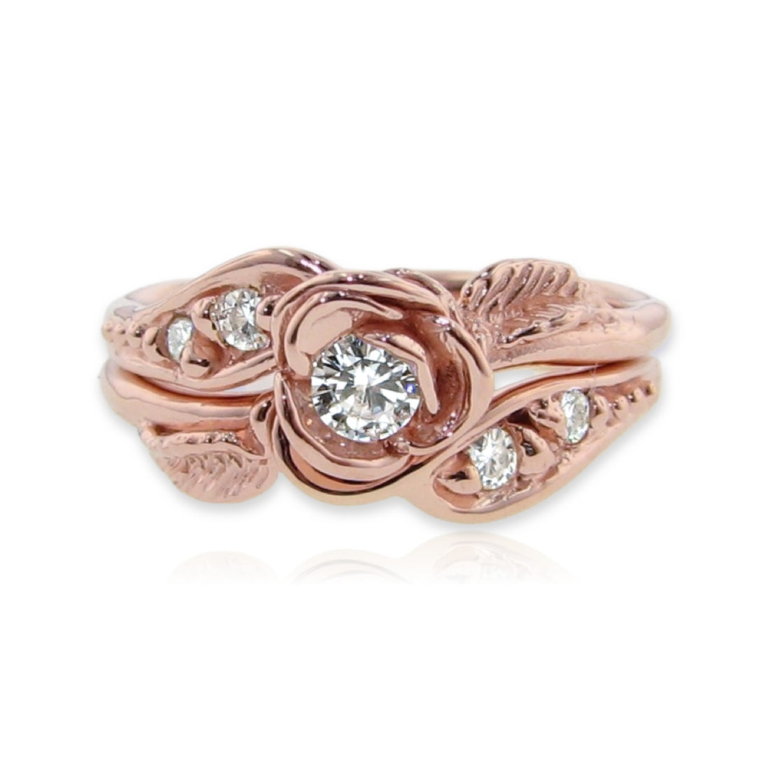 Prize Tea Rose Wedding Set, Rose Gold and Moissanite