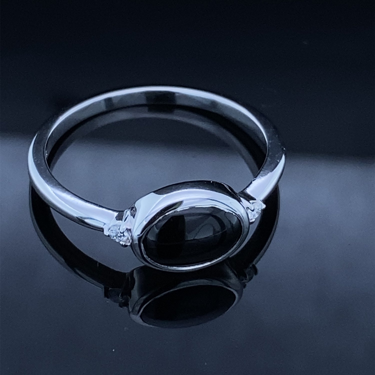 Minimalist Cabochon Black Onyx Diamond Accented Ring