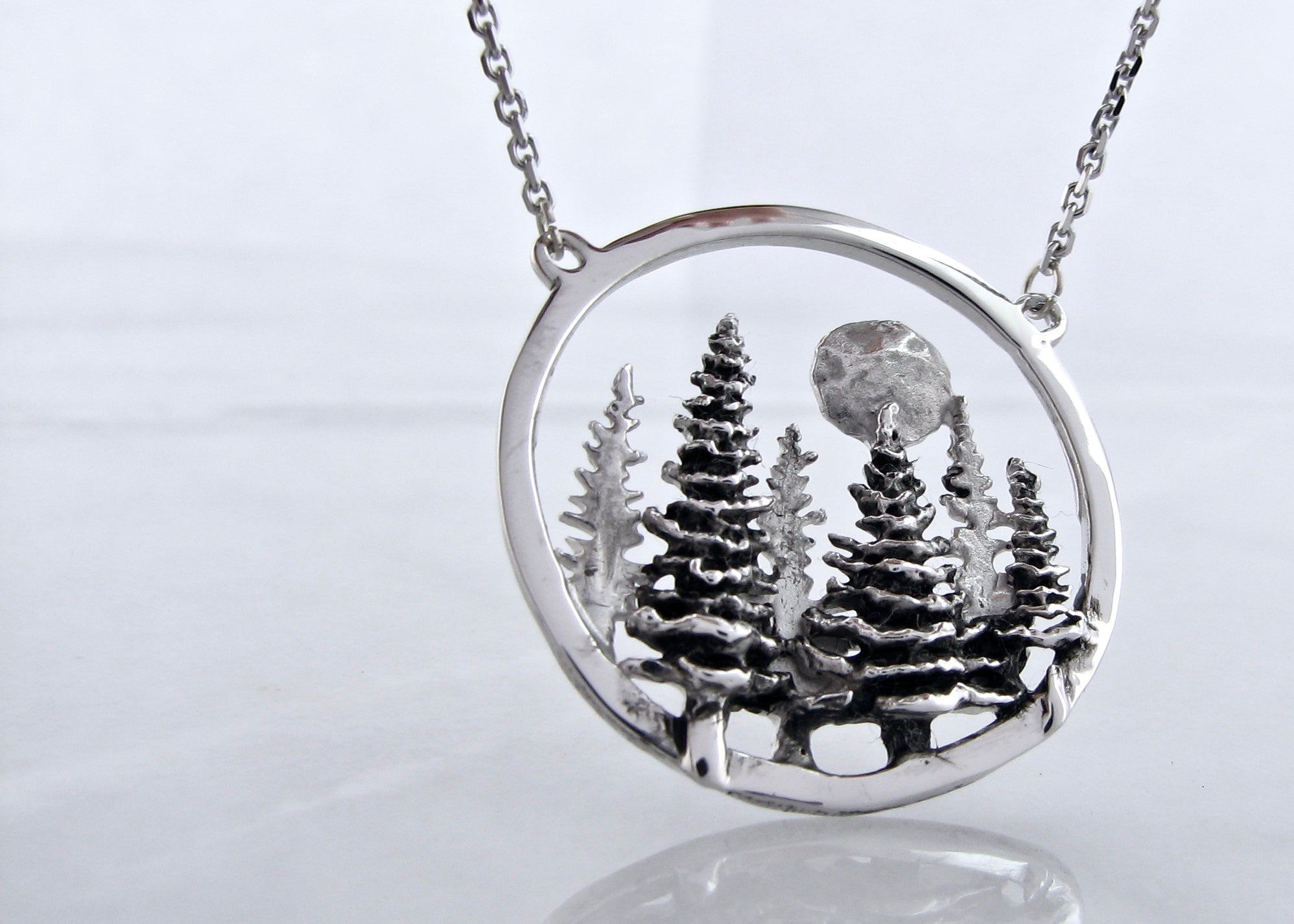 Silver Split Chain Necklace, Pine Moon Landscape Antique Finish