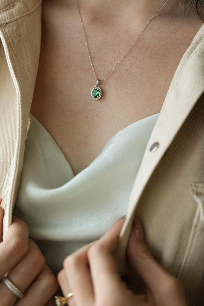 Grassy Green Tsavorite Garnet Halo Necklace