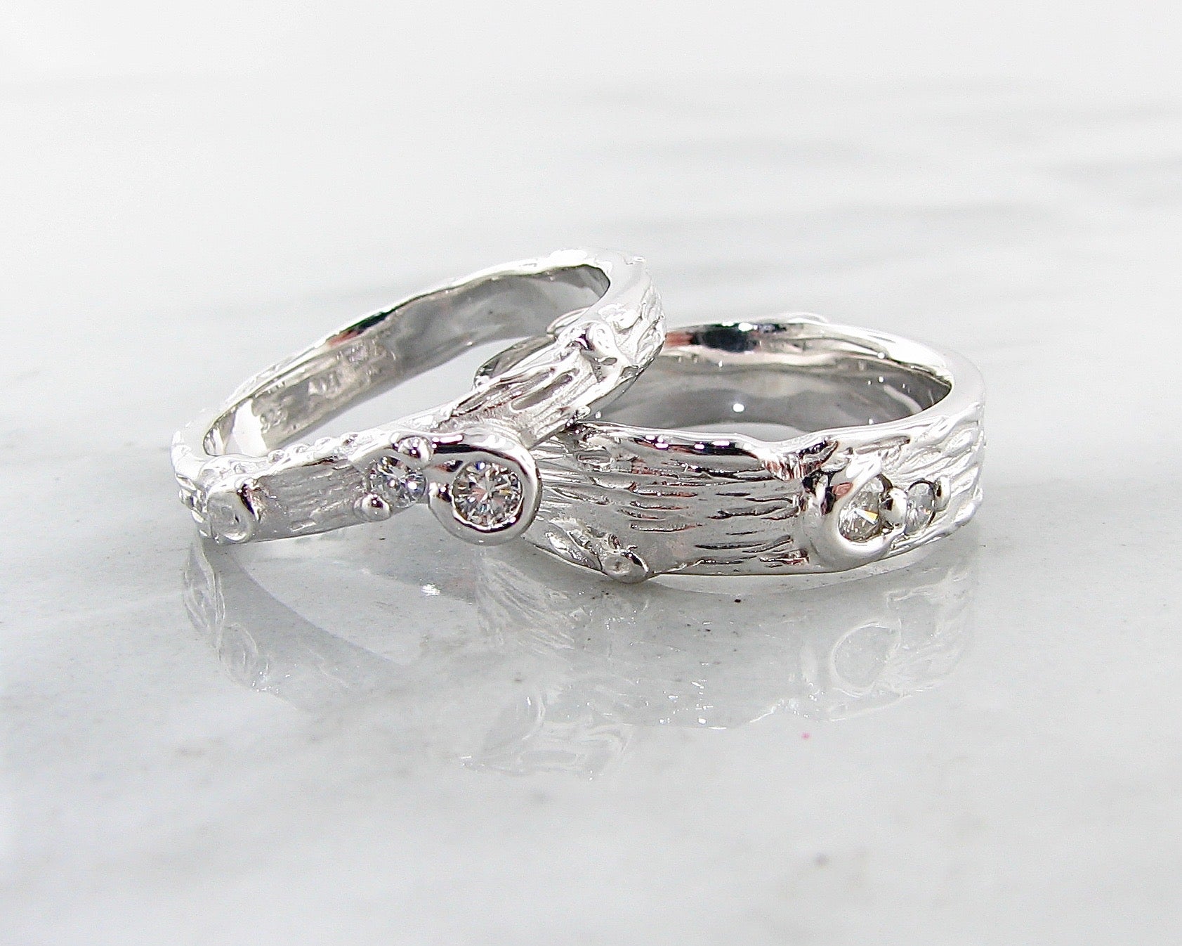 Silver Diamond Ring, Birch Engagement Set