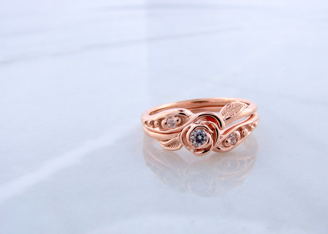 Moissanite Rose Gold Wedding Set, Tea Rose