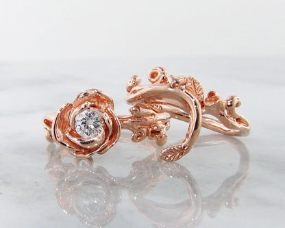 Rose Gold Diamond Wedding Ring Set, Rose Garland