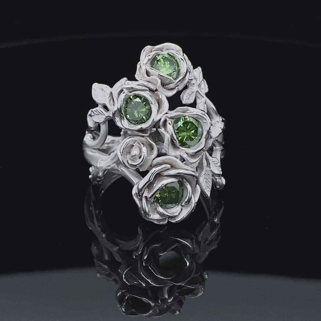 Rambling Rose Ring in Green Diamond