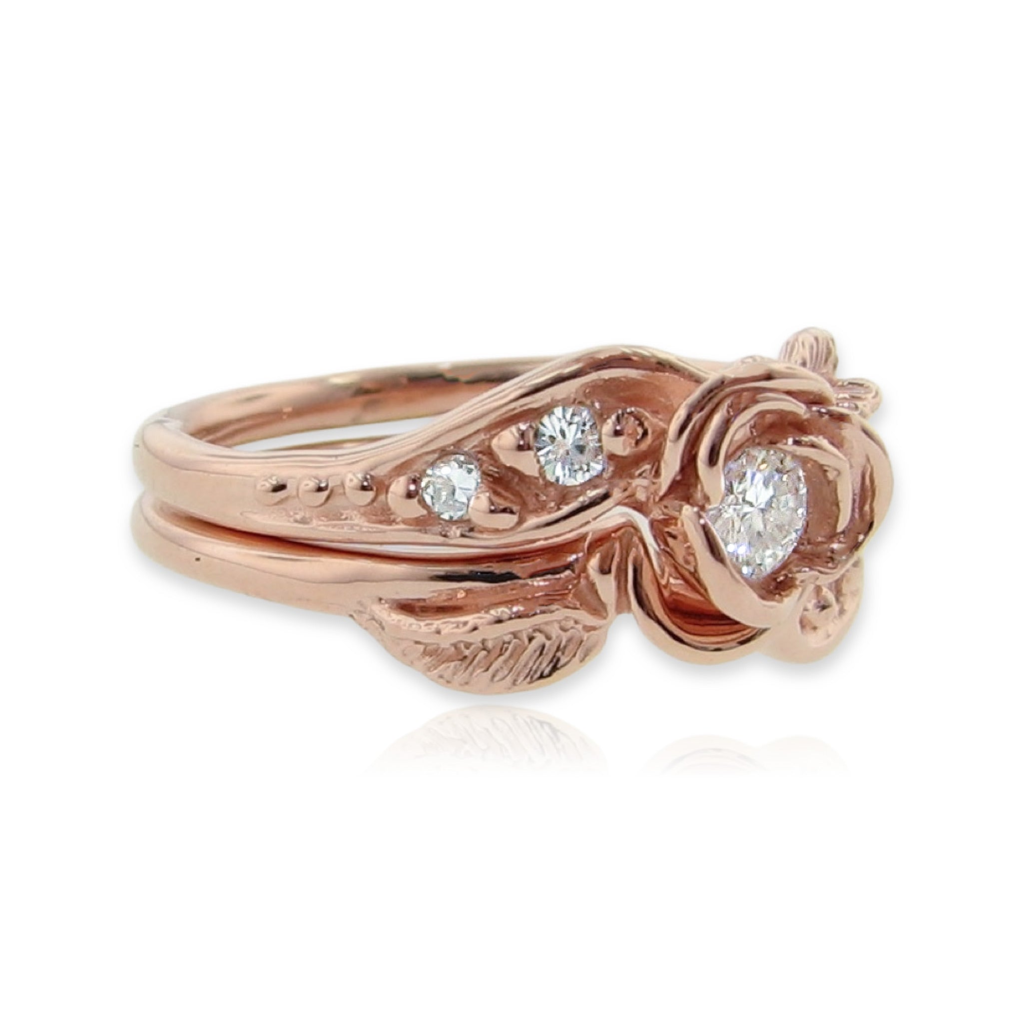 Prize Tea Rose Wedding Set, Rose Gold and Moissanite