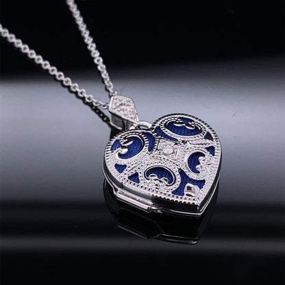 White gold blue enamel locket w/chain