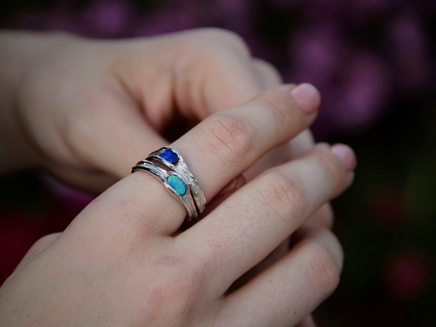 Opal Silver Ring, Deep Blue Water Droplet Melted Horizontal