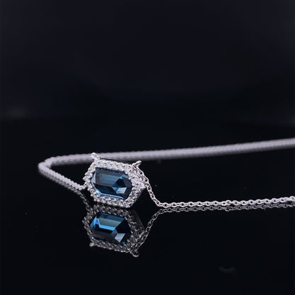 Hexagon London Blue Topaz Diamond Halo Necklace