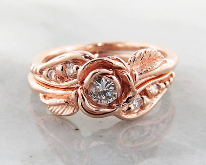 Diamond Rose Gold Wedding Ring Set, Prize Tea Rose