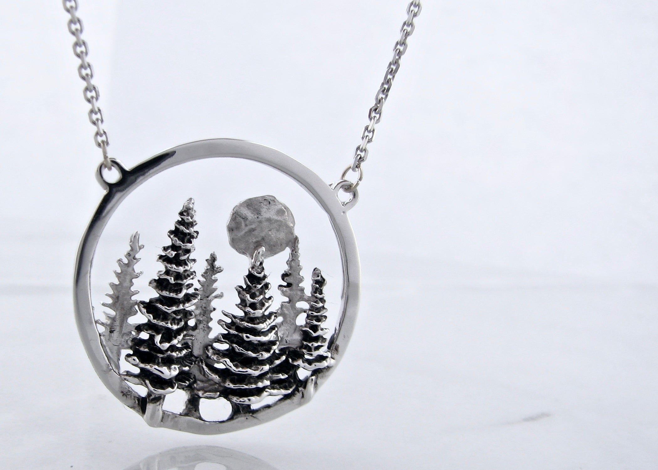 Silver Split Chain Necklace, Pine Moon Landscape Antique Finish