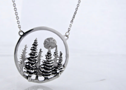 Silver Split Chain Necklace, Pine Moon Landscape Antique Finish