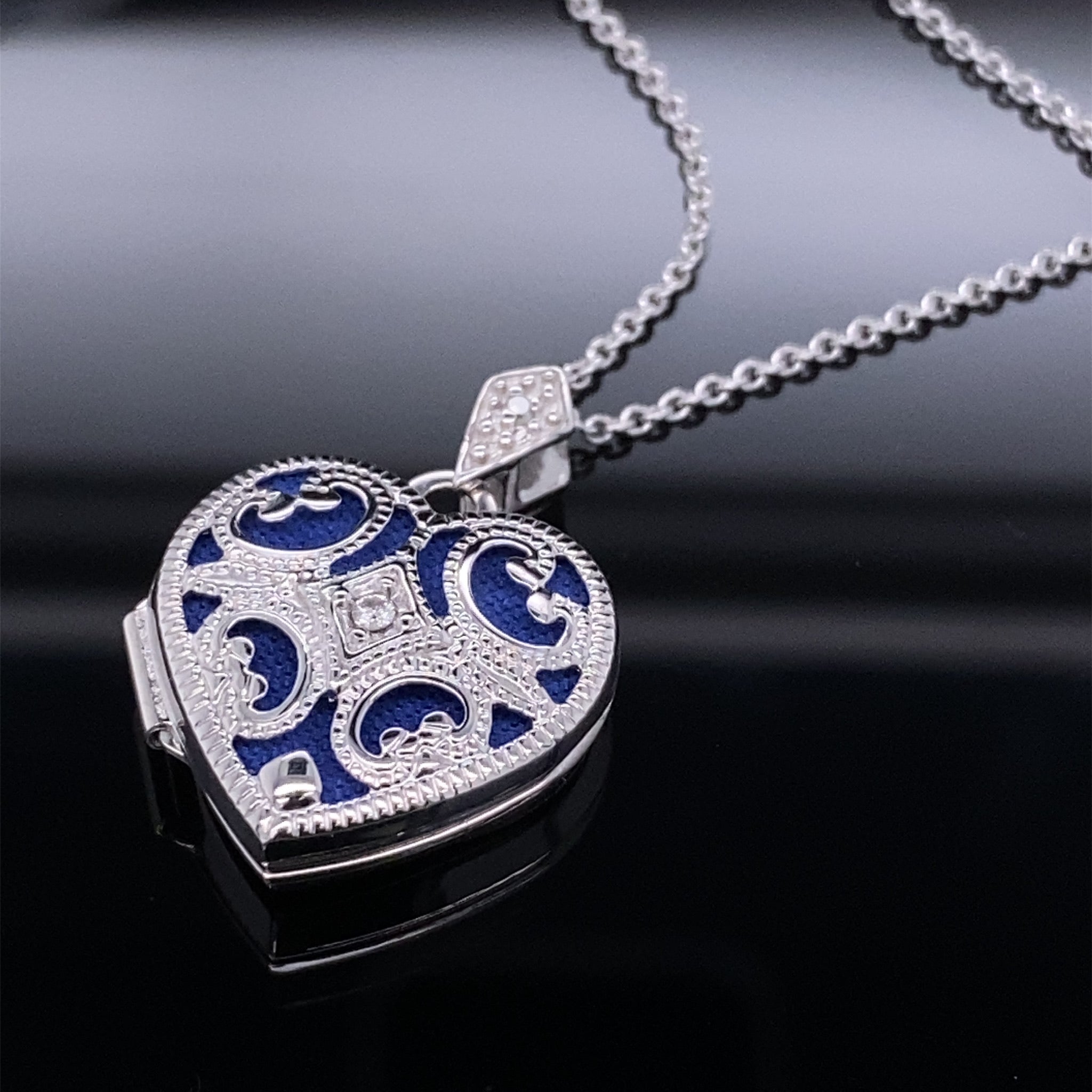 White gold blue enamel locket w/chain