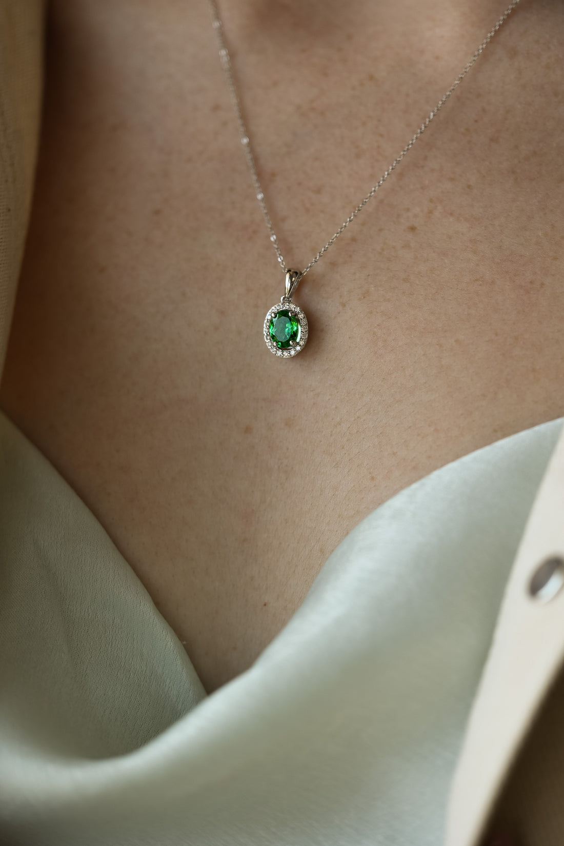 Grassy Green Tsavorite Garnet Halo Necklace